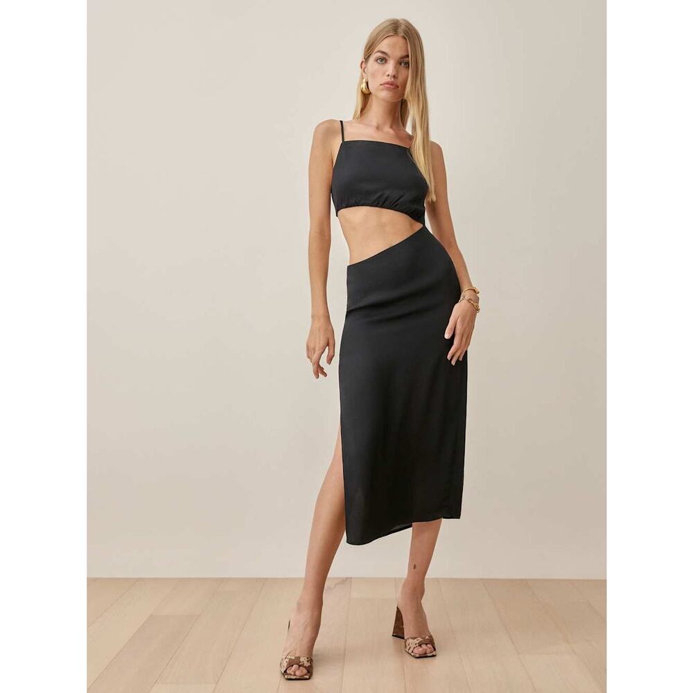 REFORMATION Kiwi Dress Cutout Midi Size 6 Black Asymmetrical High Slit Statement